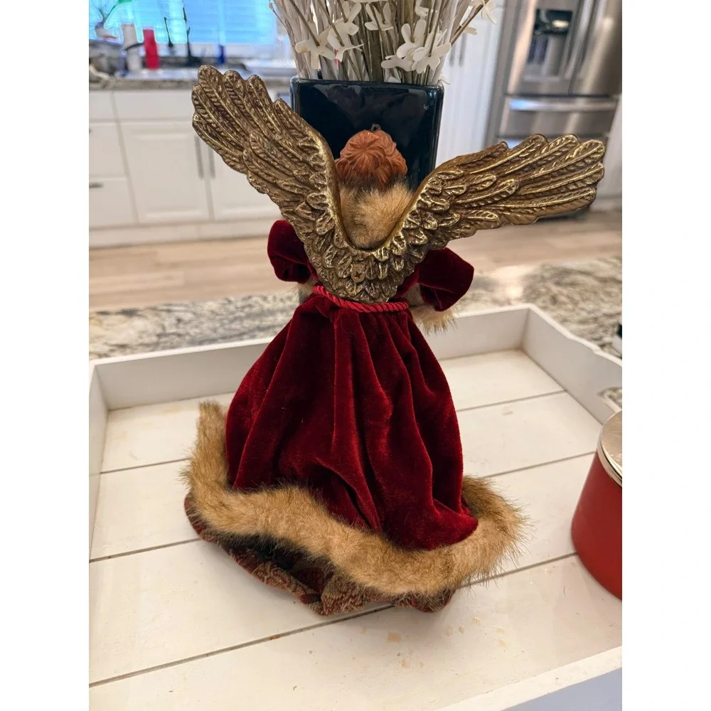 Elegant Angel Christmas Tree Topper Velvet Fur‎ Wreath Red Gold Wings vintage
